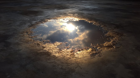 Spotlight reflection in water puddle on dark studio floor, light forming haloの素材
