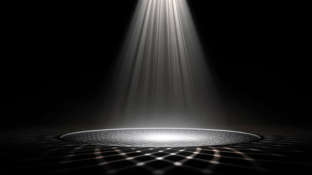 Modern spotlight with circular grid pattern casting light onto an empty platformの素材