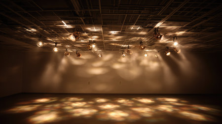 Spotlights mounted on ceiling grid shining downward in artistic patternの素材