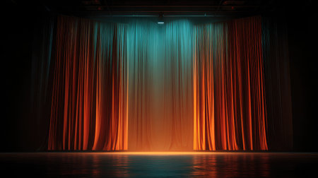 Spotlight illuminating textured curtain backdrop in empty performance hallの素材