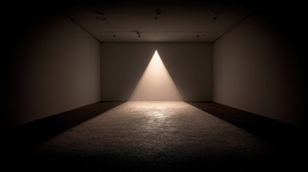 Spotlight beam forming visible triangle of light through haze in a dark roomの素材