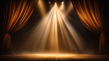 Spotlight illuminating textured curtain backdrop in empty performance hallの素材