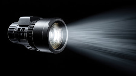 Spotlight flare lens effect captured against a deep black gradient backgroundの素材