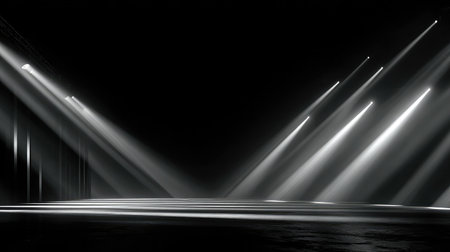 Set of spotlights projecting intersecting beams across black stage floorの素材