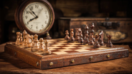 Classic wooden chessboard on a velvet cloth with chess clock in the backgroundの素材