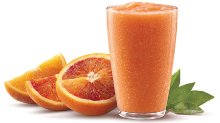 Glass of orange smoothie with citrus slices fanned out on a flat white backgroundの素材