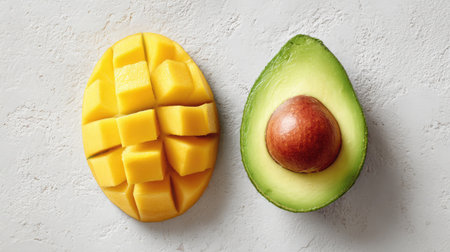 Halved mango and avocado side by side on a white surface showing tropical fruit contrastの素材