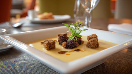 Bowl of creamy soup with garnish and croutons placed neatly on whiteの素材
