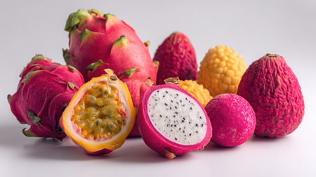 Mixed tropical fruits including passion fruit, dragon fruit, and lychee displayed on whiteの素材
