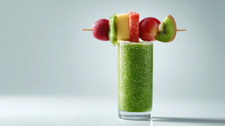 Smoothie with tropical fruit skewer placed across the glass top on a seamless white backgroundの素材
