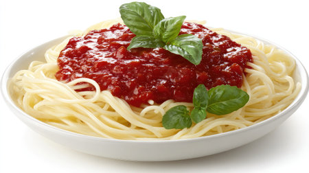 Plate of spaghetti with tomato sauce and basil leaves neatly arranged on a white backgroundの素材