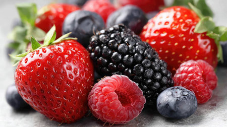 Colorful mixed berries including strawberries, blackberries, and raspberries placed on white surfaceの素材