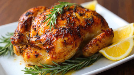 Whole roasted chicken garnished with rosemary on a white serving dishの素材