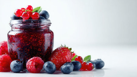 Jar of homemade jam with fruit beside it on a plain white surfaceの素材