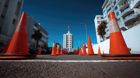 Parking space with traffic cones blocking access, taken from a low angle perspectiveの素材