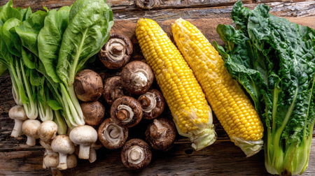 Flat lay of a vegetable medley including corn, mushrooms, and greens on a rustic surfaceの素材