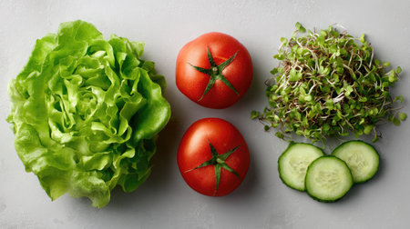 Fresh vegetable wrap ingredients laid flat including lettuce, tomato, cucumber, and sproutsの素材