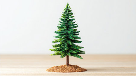 Small pine-shaped tree cutout from craft foam standing upright on white surfaceの素材