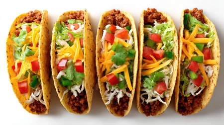 Tacos filled with meat, cheese, and vegetables arranged in a row on a white surfaceの素材