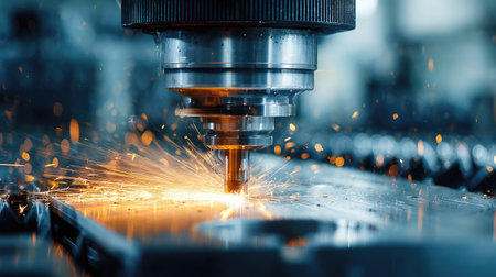 Close-up of CNC machine in action cutting precision parts with sparks flyingの素材