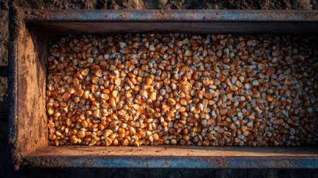 Top view of corn kernels piled inside a tractor bed, with golden textures under lightの素材