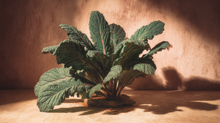 Kale leaves fanned out with dramatic shadows and strong textureの素材