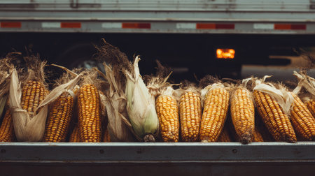 Harvested corn cobs in a metal trailer awaiting transport from the fieldの素材