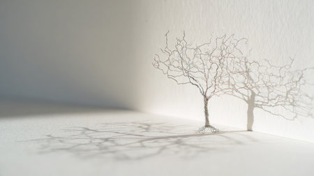 Minimalist tree-shaped wire sculpture captured against clean white backgroundの素材