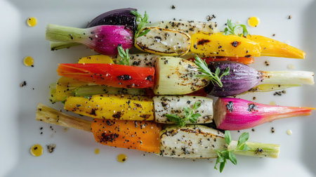Colorful vegetable skewers laid flat on a clean white plateの素材