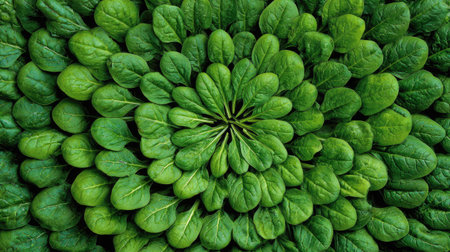 Overhead shot of fresh spinach leaves fanned out in radial symmetryの素材