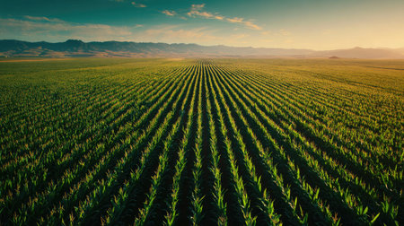 Rows of tall corn plants in full bloom stretching across a flat farmland under clear skiesの素材