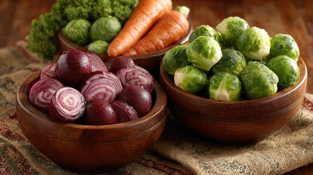 Mixed raw vegetables styled in wooden bowls with textured fabric backgroundの素材