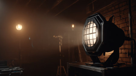 Industrial spotlight fixture turned on, mounted on a stand in a dimly lit environmentの素材