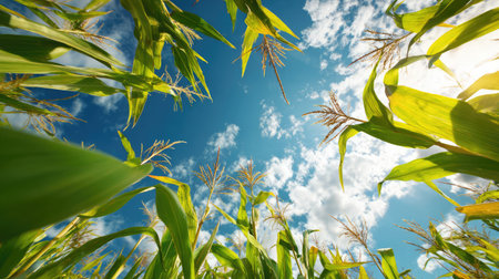 Green corn tassels reaching upward against a bright, cloud-dotted summer skyの素材