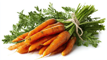 Group of orange carrots with green tops tied together on white backgroundの素材