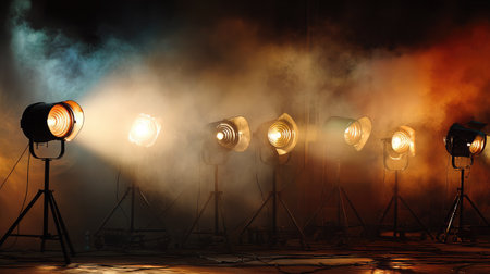 Backstage spotlight equipment emitting warm glow with dramatic lighting effectの素材