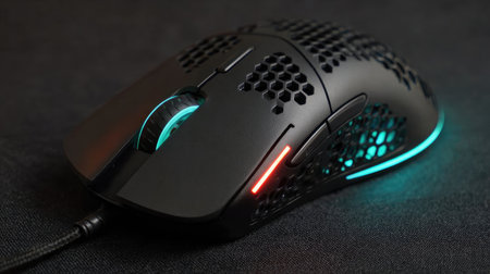 Gaming mouse with honeycomb shell and RGB lighting on a black deskの素材