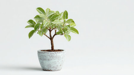 Tiny potted tree with symmetrical leafy crown isolated on seamless white studio backgroundの素材