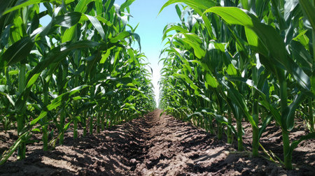 Deep green corn leaves forming tunnels through the rows on a sunny farm dayの素材