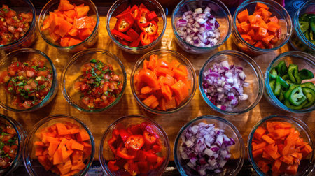 Cut vegetables placed in separate bowls arranged in a grid layoutの素材