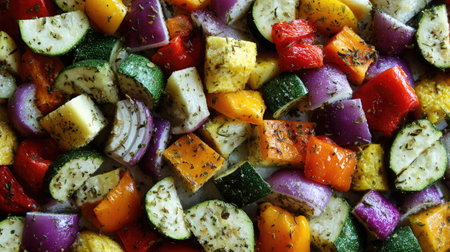 Mixed vegetables tossed with herbs and olive oil prepared for roastingの素材
