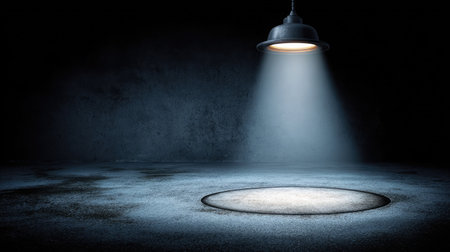 Bright spotlight shining down from above, illuminating a circular area in total darknessの素材