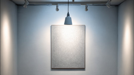 Soft-edge spotlight aimed at empty frame hanging on gallery wallの素材