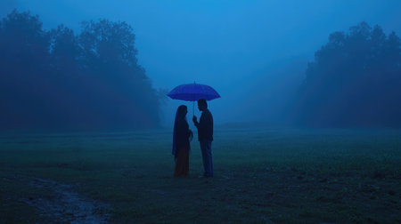 A man shields a woman with a blue umbrella in a misty countryside field during early morning rainの素材