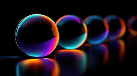 Abstract floating neon orbs casting reflections onto the dark surrounding surfacesの素材