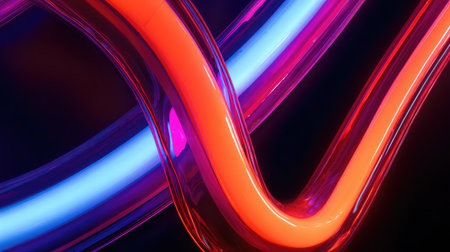 Abstract patterns formed by neon tubes glowing brightly against a pitch-black backgroundの素材