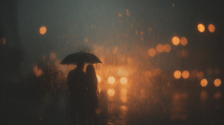 A couple stands under an umbrella held by the man, surrounded by falling raindrops and blurry lightsの素材
