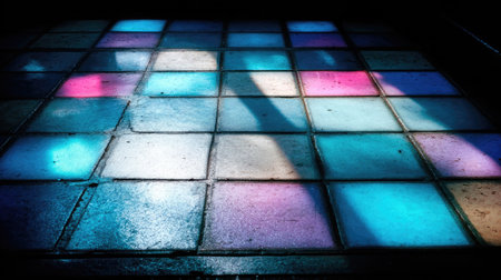 A grid of glowing neon tiles lighting the floor with bright cyan, pink, and violet huesの素材