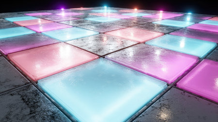 A grid of glowing neon tiles lighting the floor with bright cyan, pink, and violet huesの素材