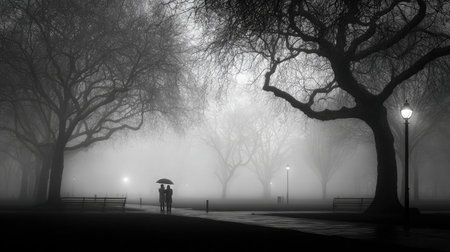 A man and woman under one umbrella sharing warmth and shelter in a foggy park settingの素材
